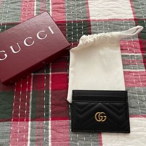 Gucci Black Quilted Leather GG Card Holder with Gold Hardware